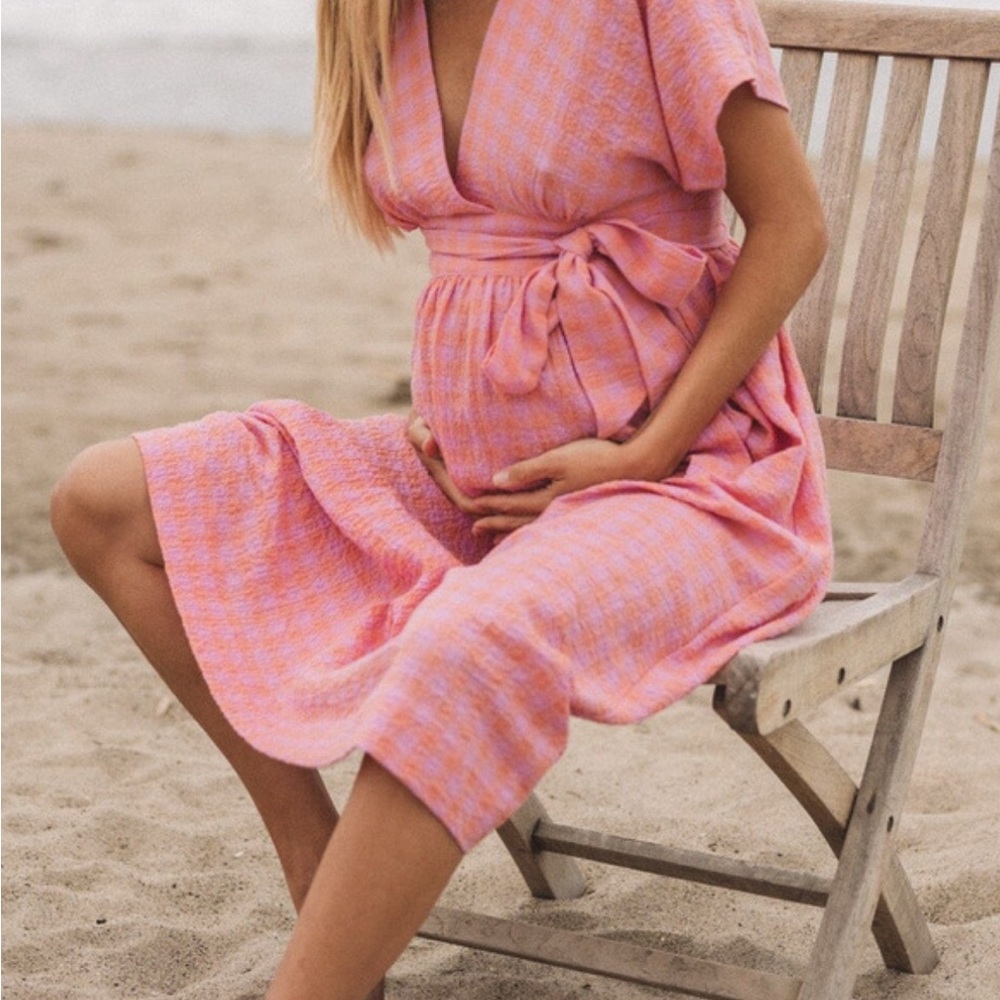 Pink and Orange Checkered The Carolina Maternity Dress by Hatch